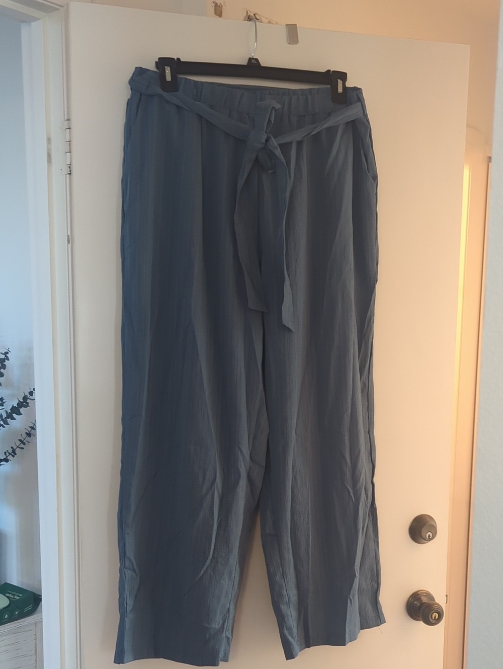 SHEIN Steel Blue Wide Leg Tie-Waist Pants And Silky Blouse